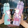 1PC Pink cat cartoon line art print 750ml colorful plastic sports water bottle leakproof pop up lid with straw for outdoor work home use