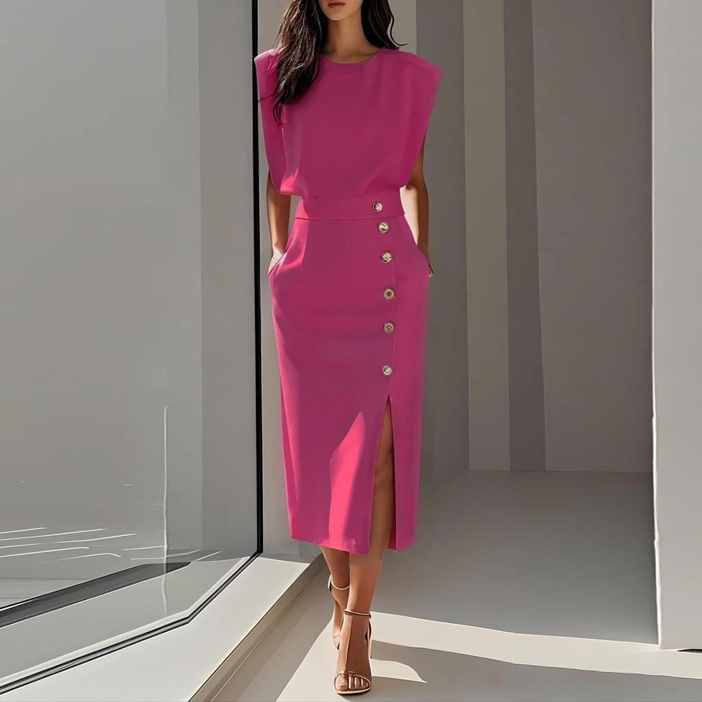 Women's Fashion Fashion Style Solid Color Round Neck Waist Split Metal Buttons Dresses