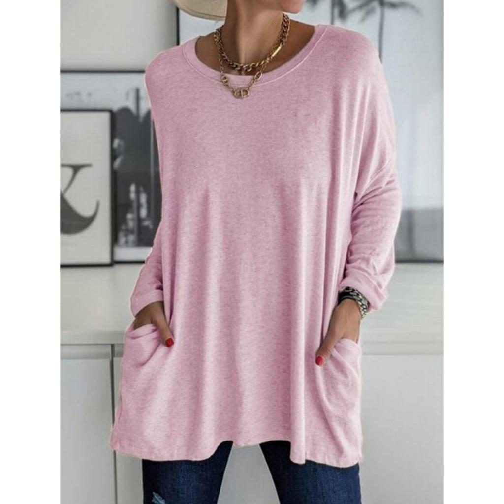 Женская повседневная весенне-летняя туника с карманами, топ с круглым вырезом, рубашка с длинными рукавами, модная свободная однотонная футболка большого размера