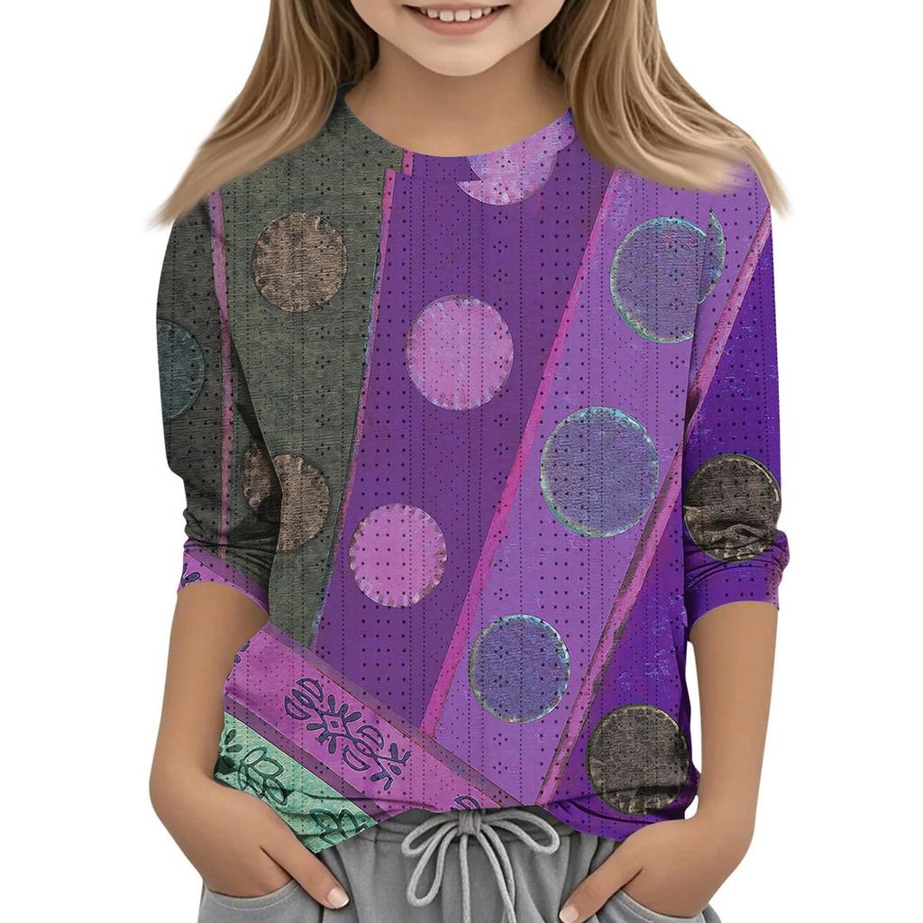 Топы с принтом для девочек 5-16 лет с круглым вырезом и рукавами 3/4 Футболки Модные топы Наряды Футболки