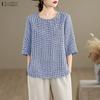 Женская повседневная блузка с круглым вырезом и рукавом 3/4, свободная клетчатая блузка