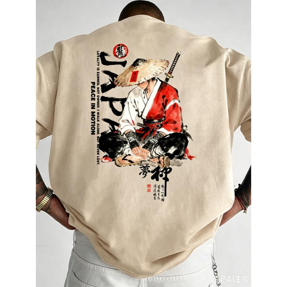 Men's Cotton Loose-fitting T-shirt with Japanese Samurai Print Street Style Casual Daily Wear Top