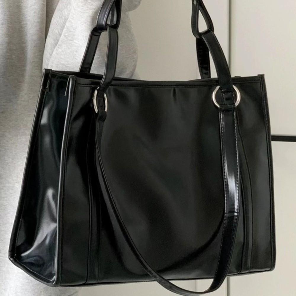 College Student PU Leather Shoulder Bag Underarm Bag Large Handbag Black Tote Bag  Girls Gift