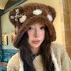 Korean Style Cute Bear Bow Plush Knitted Hat for Women Winter Warm Ear Protection Versatile Small Woolen Hat Showing Face