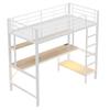Loft Bed, 90*200 cm, Guardrail, Step Ladder, with USB and Socket, With LED Lights, Desk, Multi-Tier Shelf, without Mattress, Metal, White