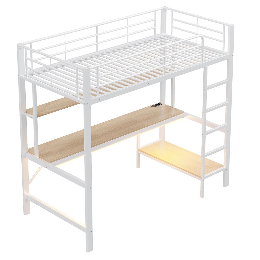 Loft Bed, 90*200 cm, Guardrail, Step Ladder, with USB and Socket, With LED Lights, Desk, Multi-Tier Shelf, without Mattress, Metal, White