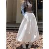 2025 Women's White Summer A-Line Midi Skirt - High Waist, Slimming, Draped Big Swing Design