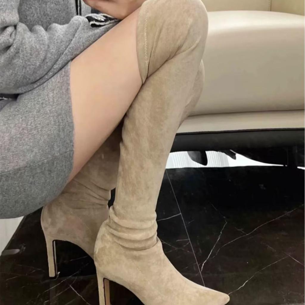 Осень и зима новые женские полусапожки на среднем каблуке однотонные на толстом каблуке остроносые тонкие сапоги до колена эластичные сапоги детские