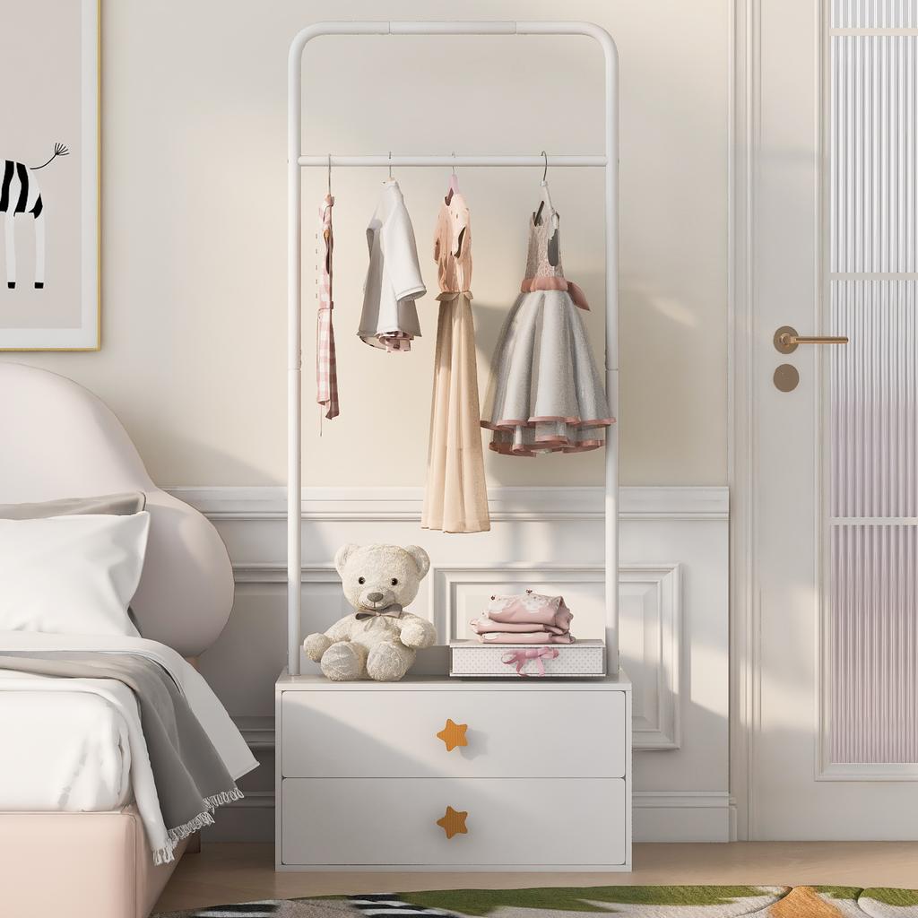 Coat rack 70 × 55 × 168, with 2 drawers, star-shaped handles and large clothes hooks, white