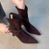 High Heel Back Zipper Women's Scrub Belt Buckle Pointed Toe Temperament Booties Vintage Slim Follower Single Boots