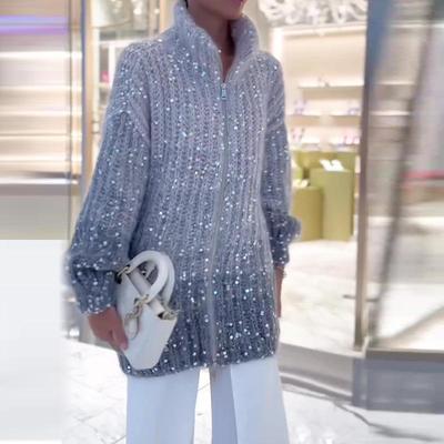 Свободный свитер-куртка с воротником-стойкой в европейском и американском стиле с пайетками для женщин 2023 года — уютный, толстый кардиган