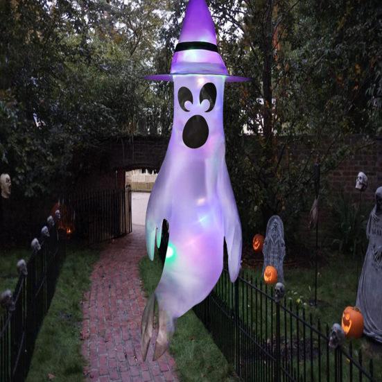 43 Inch Halloween Ghost Windsock Flags with LED Lights Outdoor Hanging Scary Light Up Ghost Wind Socks for Tree Yard Porch Garden Decor