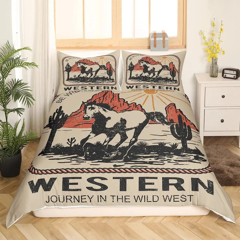 Western Cowboy Duvet Cover Set Twin Size,Horseshoe Stars Cowboy Hat Pattern Comforter Cover Rustic Vintage Southwest Bedding Set