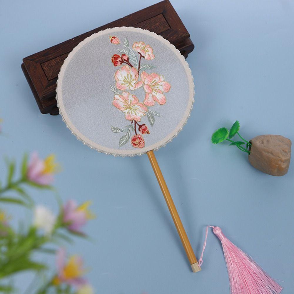 Классический круглый веер в китайском стиле, винтажный вышитый шелковый веер, двусторонний с кисточкой, ручной веер для женщин