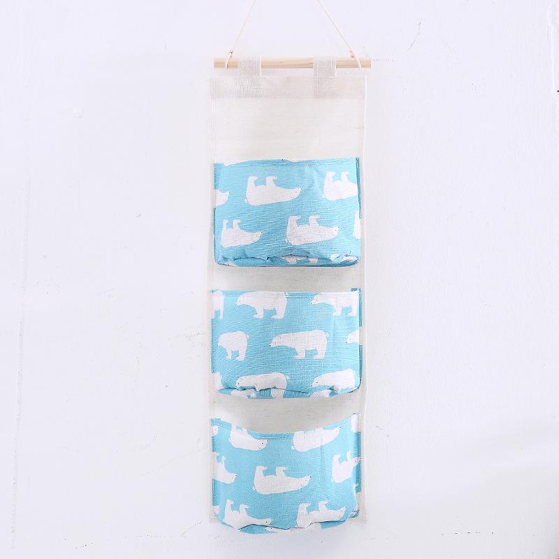Grid Pattern Cotton Linen Three-Pocket Hanging Storage Bag