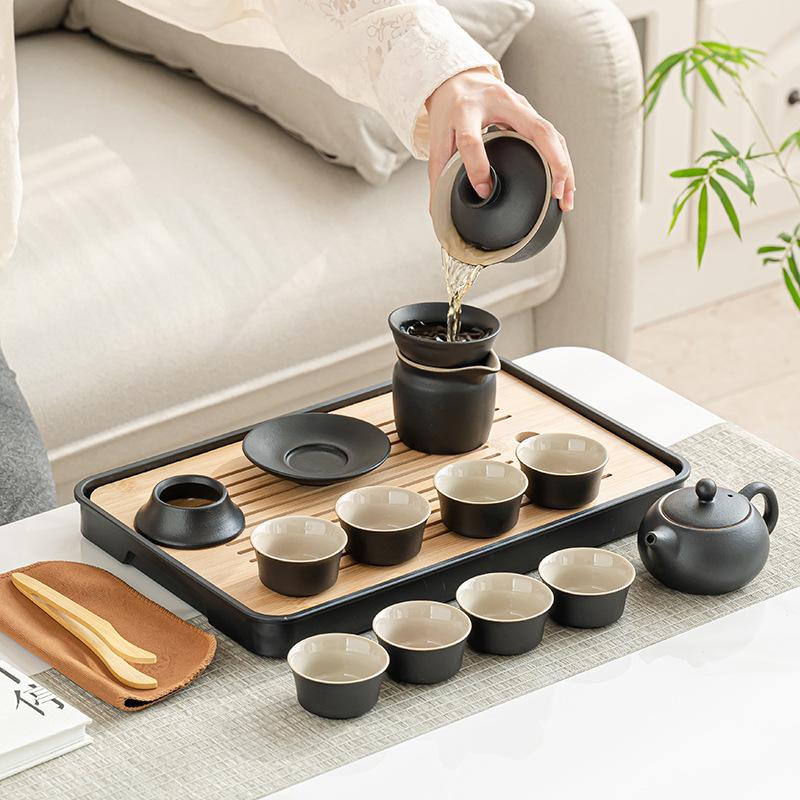 Чайный набор Кунг-фу из черной керамики, полный набор, чайник для дома и офиса, простая чашка с крышкой, чайница, полный набор чайных подносов