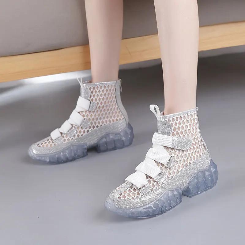 Женские короткие ботинки на плоской подошве 2024 года, новые универсальные летние дышащие и удобные сетчатые ботинки с вырезами, сетчатые ботинки, сандалии для девочек