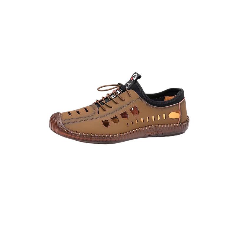 Sandals Men's Spring and Summer New Men's Casual Hollow Breathable Leather Shoes Anti-Slip Soft Sole Bag