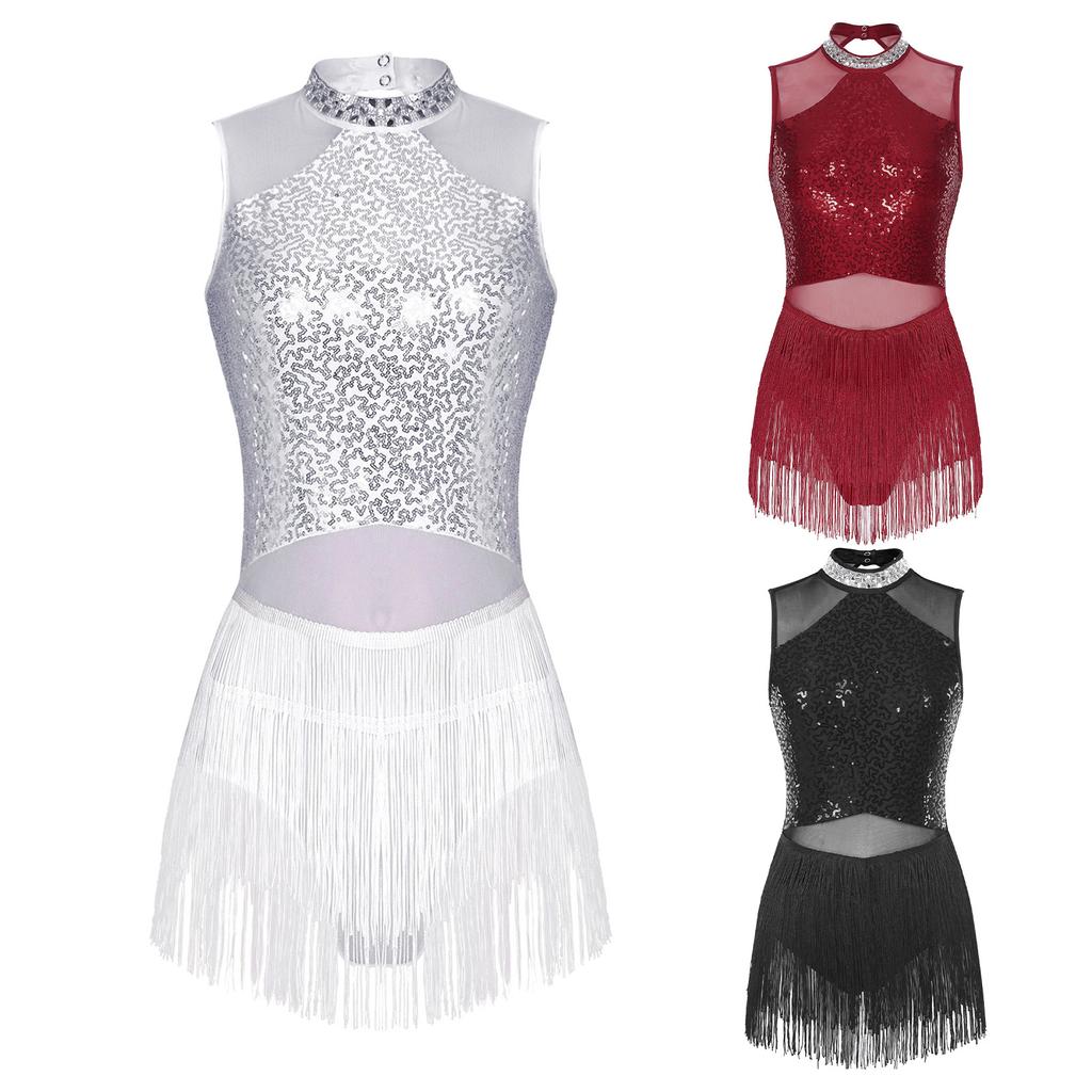Женское блестящее трико со стразами и бахромой, сетчатое лоскутное платье с блестками для танцев, костюм для латинского танго, румбы, ча-ча