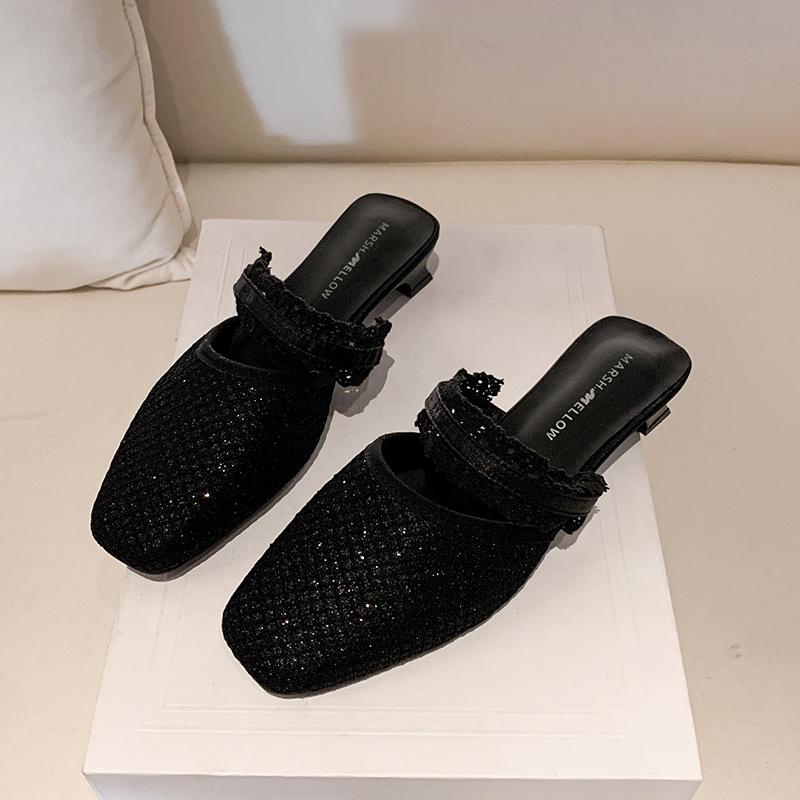 Стразы модная верхняя одежда сумка голова тапочки 2025 лето новый универсальный толстый каблук круглый носок один педаль и половина тапочек