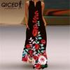 Summer Women's Sleeveless Long V-Neck Printed Jade Flower Dresses