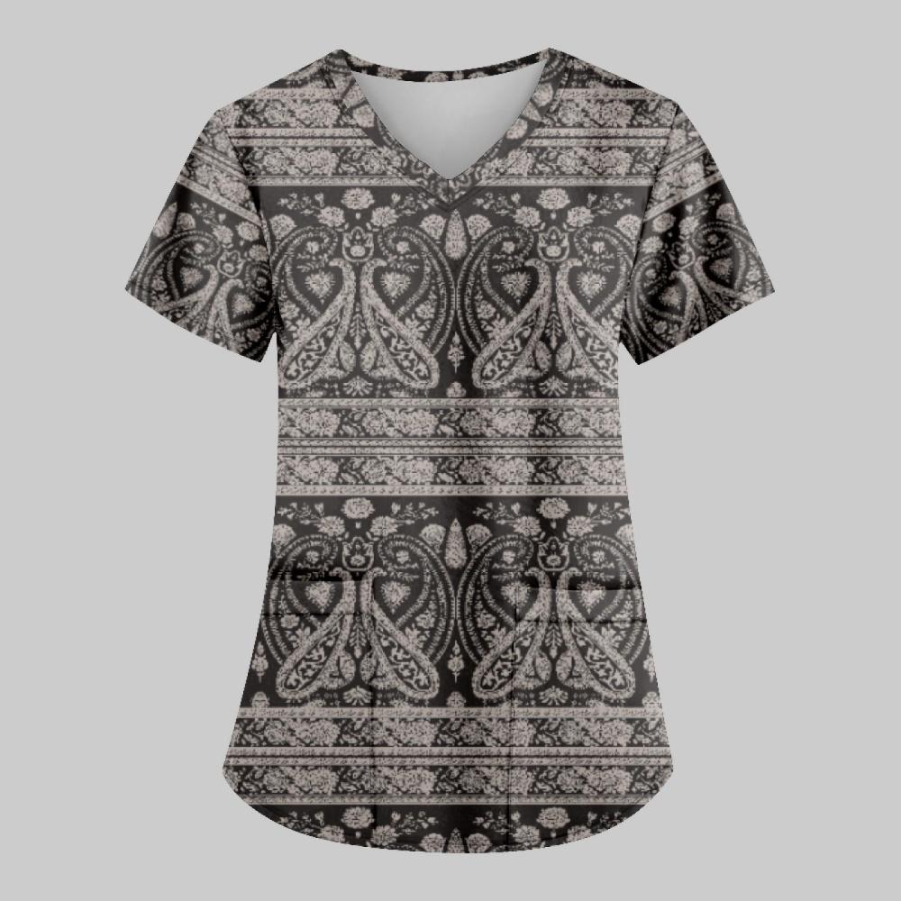 Women Nurse Uniform Retro Pattern 3d V-Neck Pocket Medical Uniforms Cartoon Nursing Scrubs Short Sleeve Pocket Loose Workwear