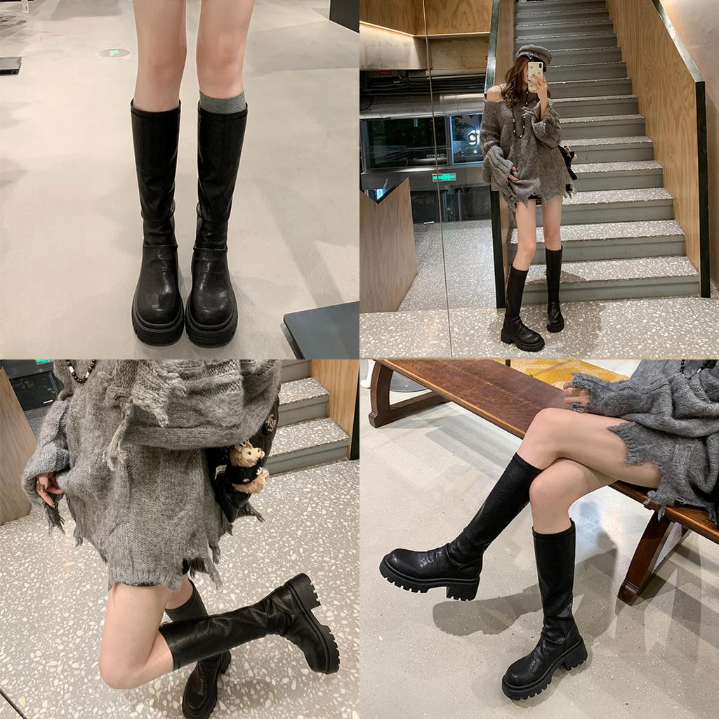 Сапоги Su Yinyin из коровьей кожи того же стиля, толстые подошвы, толстые каблуки, плиссированные, средние и высокие эластичные штабелируемые сапоги, женские сапоги