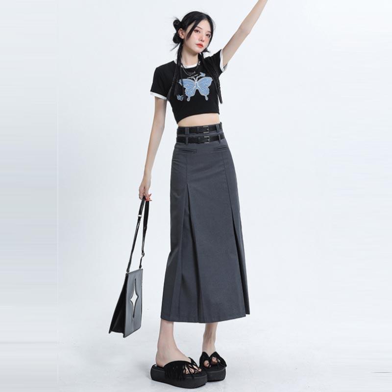 Юбка-миди с высокой талией для женщин, осенняя повседневная плиссированная длинная юбка трапециевидной формы, серая, черная, модная одежда в корейском стиле, женская Y2k