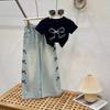 Girls Summer Thin Suit Middle and Big Children Design Short T-shirt + Wide Leg Pants Two-piece Set