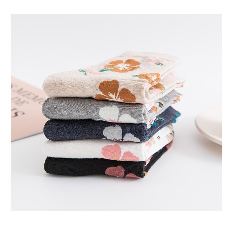 10 пар женских носков средней длины с цветочным рисунком из хлопка в винтажном стиле, новинка, теплые повседневные носки до щиколотки с оборками