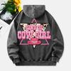 Kind Of Cow Girl Washed Hoodie Womens Pink Hat Printing Cotton Pullover Distressed Pocket Oversize Hoody Clothes