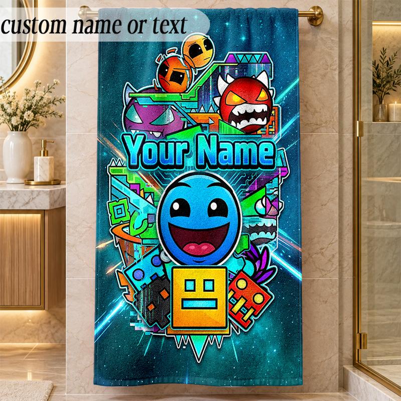 Beach TowelGeometry Dash Custom Name Text Personalized Soft Towel for Beach Pool Indoor Home Decor Gift
