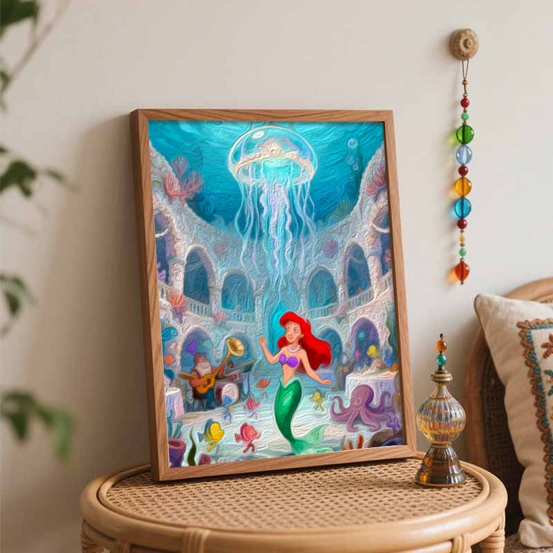 Disney digital oil painting diy oil painting hand painting mermaid undersea palace ocean coral living room bedroom decoration painting