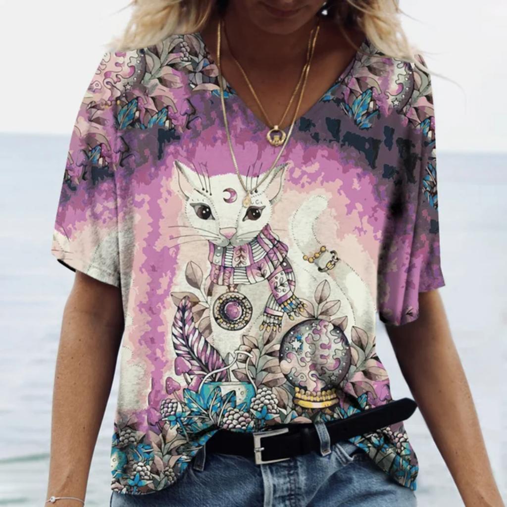 Женская футболка с 3D принтом «Манга Кот» в стиле Харадзюку, летний топ с короткими рукавами и v-образным вырезом, повседневная женская одежда, футболки большого размера