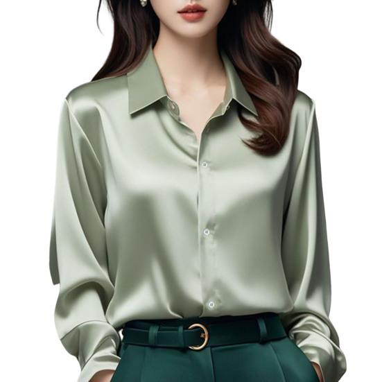Женская рубашка однотонная гладкая атласная с длинным рукавом и лацканами, повседневные топы Single