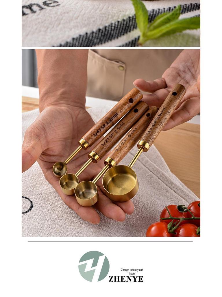 Набор из 8 предметов: мерные чашки и ложки из нержавеющей стали с деревянными ручками