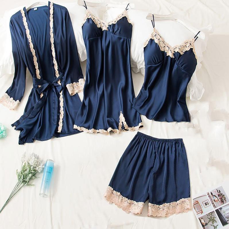 Women's Silk Five-Piece Pajama Set: Spring/Autumn Nightdress & Robe with Chest Pad