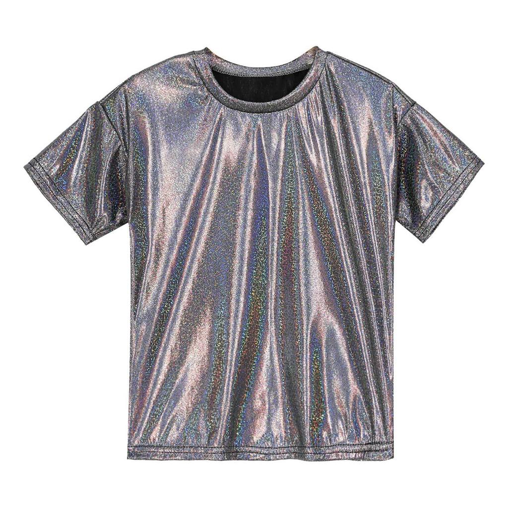 Детская унисекс одежда для девочек и мальчиков, повседневная танцевальная одежда с коротким рукавом, металлизированная блестящая блузка, топ