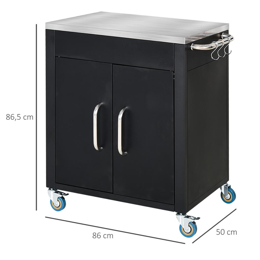 Kitchen Cart with Wheels, Serving Cart, Rolling Cart with Cabinet, Hooks and Stainless Steel Handles, Kitchen Helper
