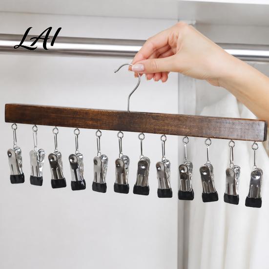 Closet Organization for Small Spaces Legging Hangers with 12 Clips Space Saving Wooden Pants Apartment Wardrobe Storage Solution Organizer