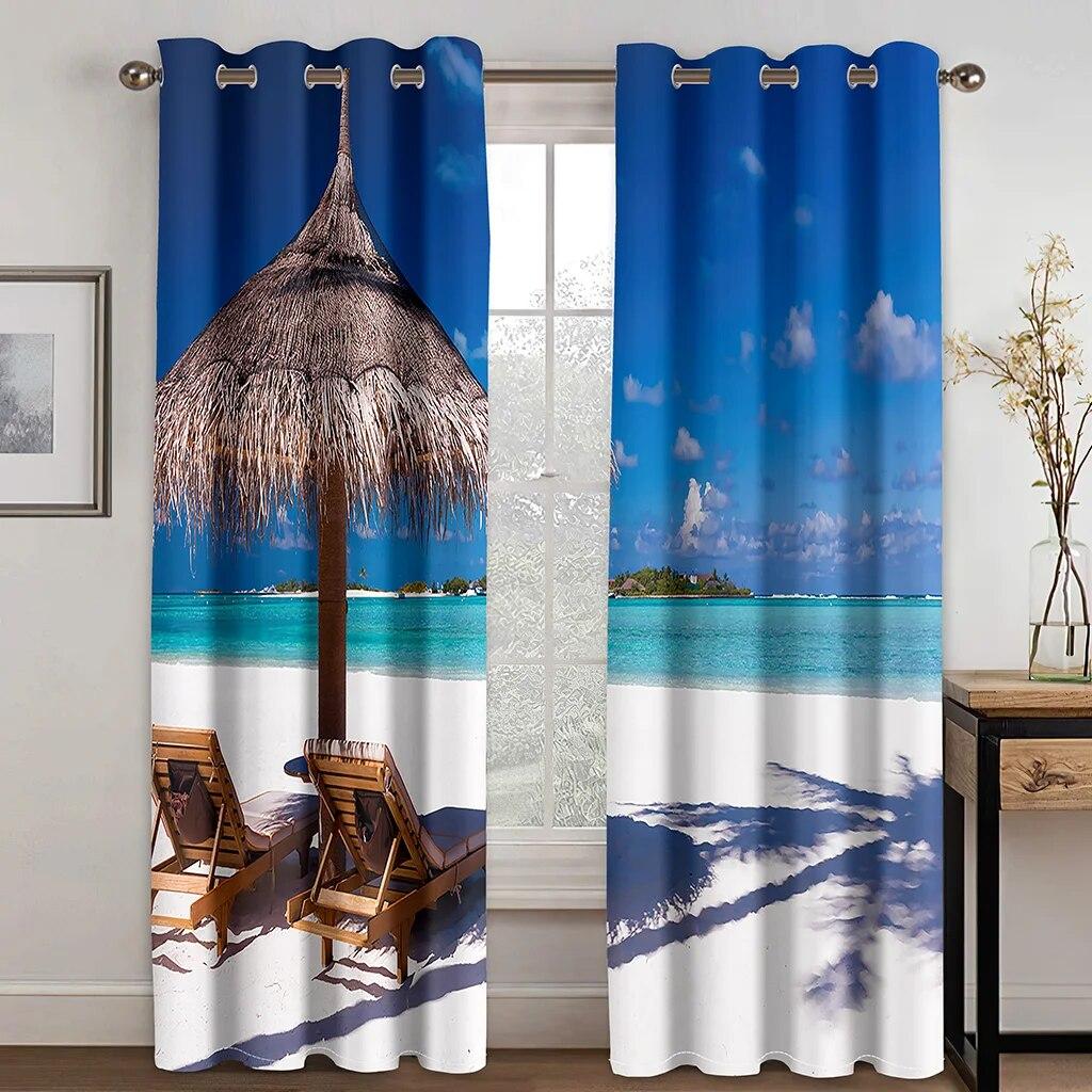 Cheap 3D Printing Sea Semi Sunshade Curtain Thin Polyester Beach Scenery For Bedroom Living Room Home Hook Decor