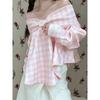Elegant and Youth Woman Blouses Off Shoulder Pink Plaid Vintage Bow Patchwork Long Sleeve Cute Tops Kawaii Shirt Chic