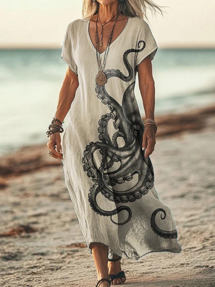 Bohemian Retro Print Raglan Sleeve Summer Maxi Dress