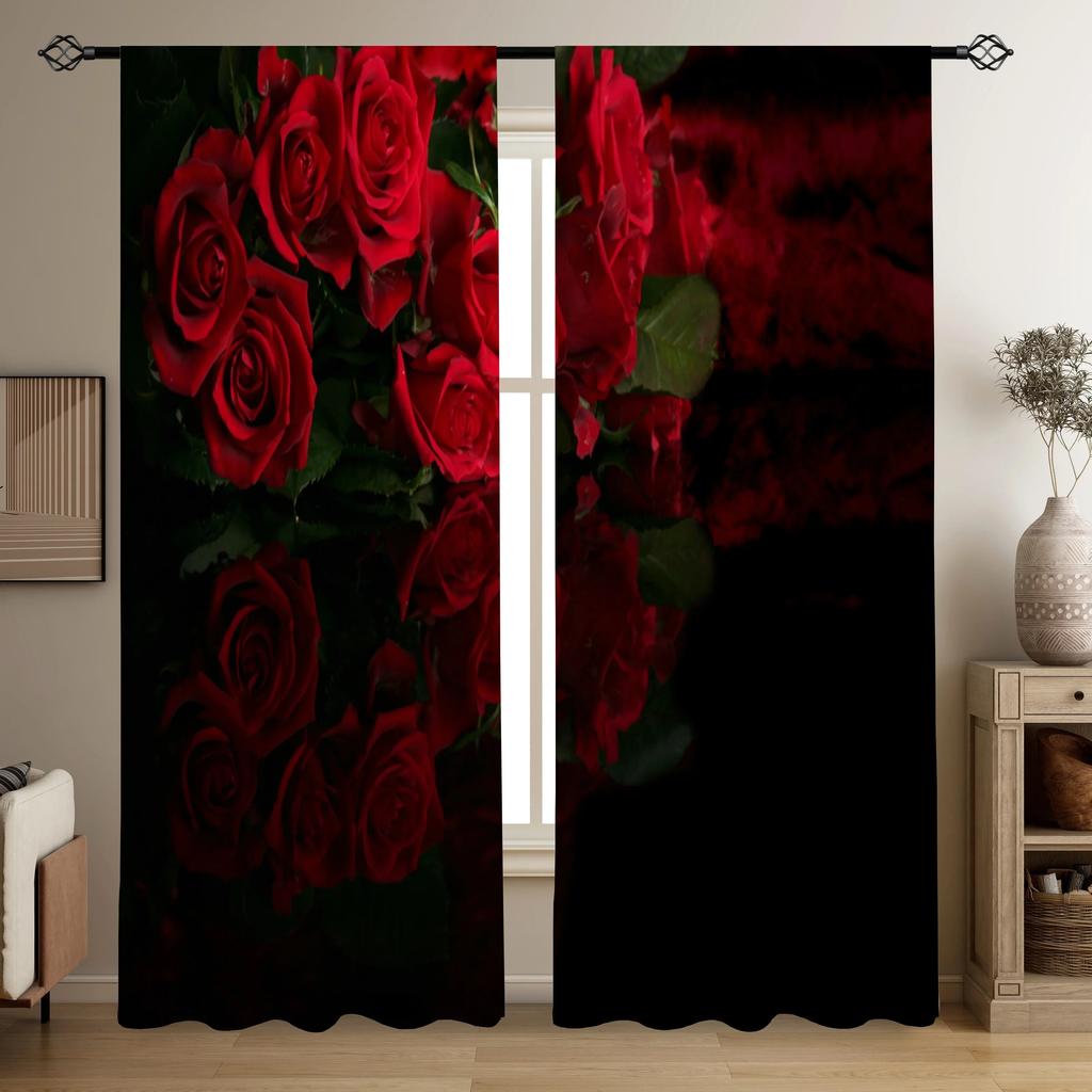 3D 2panels Blooming Roses Printed Curtain, For Bedroom Office Kitchen Living Room Study Home Decor