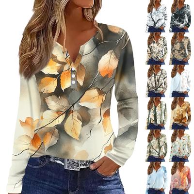 Жен. Футболка Футболка С принтом Пуговицы Длинный рукав Повседневные Выходные Мода Классический V-образный вырез Обычный Верх