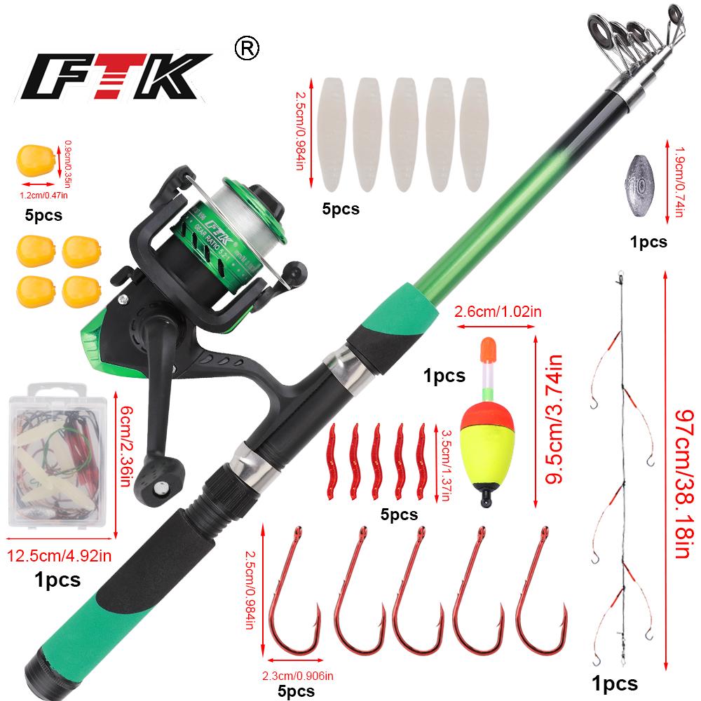 FTK Complete Fishing Kit: 1.8m/5.91ft Lightweight Fibreglass Spinning Rod and Reel Combo Cool Pack - for Fresh and Salt Water, Hooks