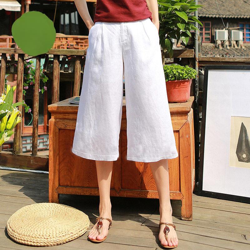 Широкие брюки из хлопка и льна для женщин, летние укороченные брюки с высокой талией, повседневные брюки больших размеров для женщин, льняные свободные брюки для женщин