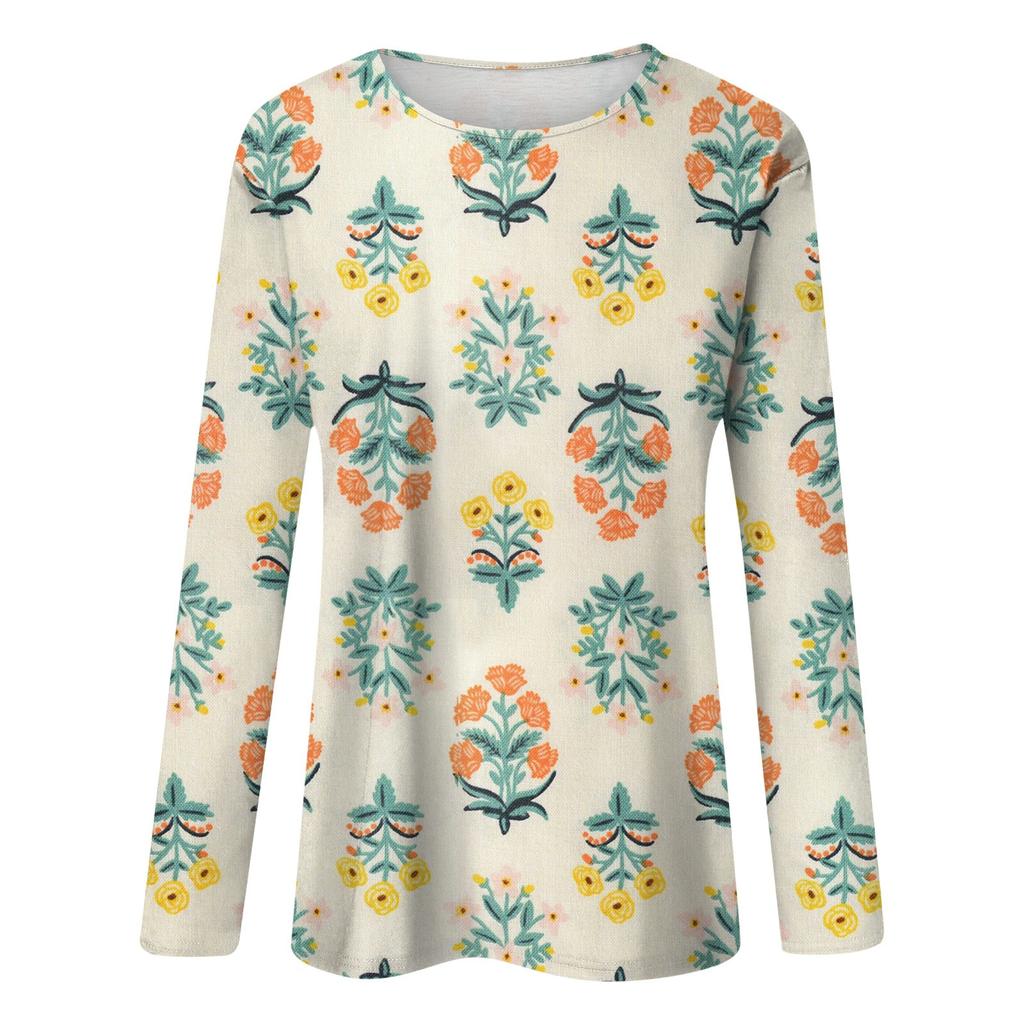 Женская мода, повседневная блузка с длинным рукавом и цветочным принтом, пуловер с круглым вырезом