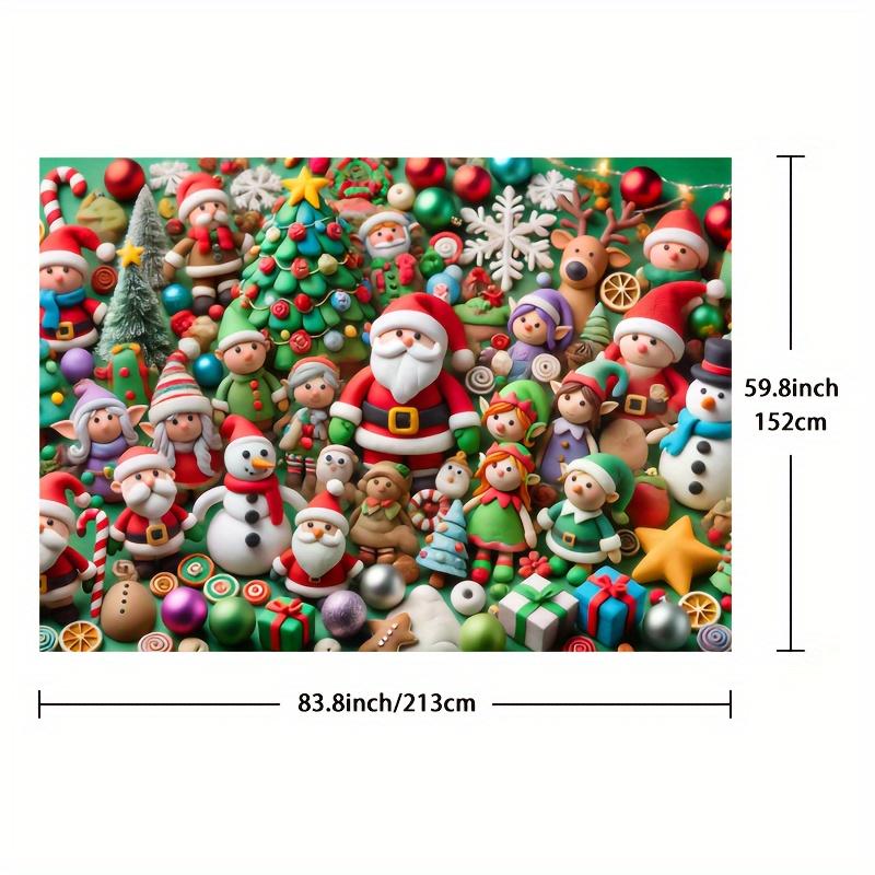 A charming Christmas polyester background cloth featuring Santa Claus, snowmen and elves - the perfect party decoration