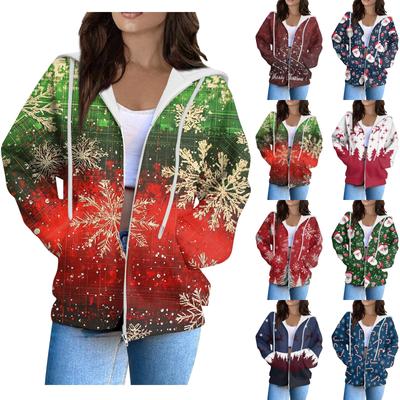Женская мода повседневный длинный рукав рождественский принт кардиган пальто с карманом на молнии